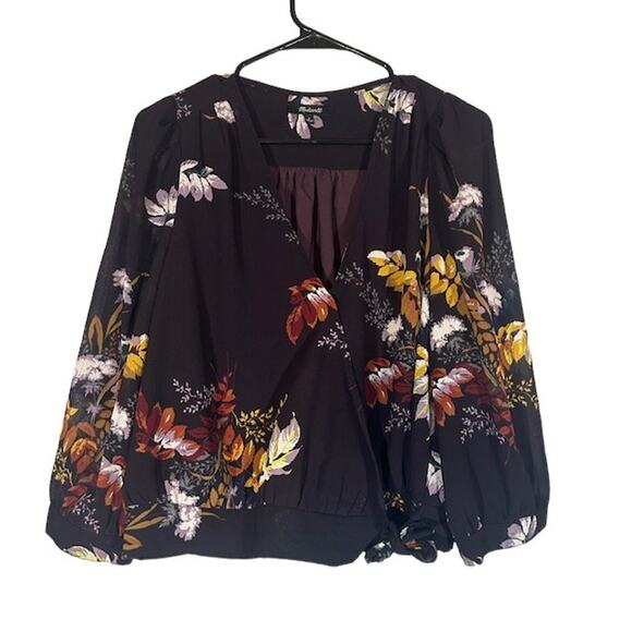Madewell Tops - Madewell Black Floral Wrap Style V-Neck Long Sleeve Tie Waist Blouse Women Sz L